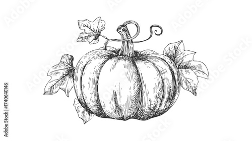 A detailed sketch of a pumpkin with leaves and tendrils