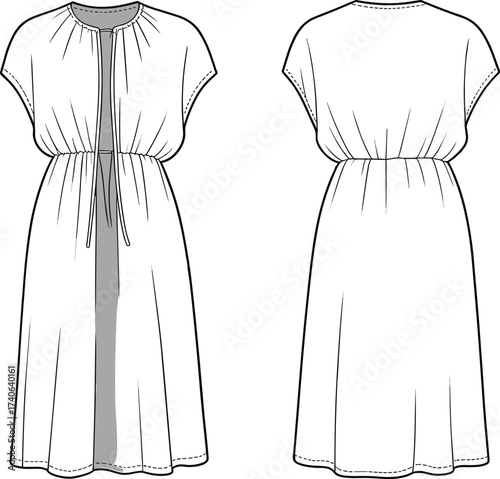 Front and back view of gathered waist midi dress, cap sleeves, fashion cad drawing, flat vector template, technical sketch