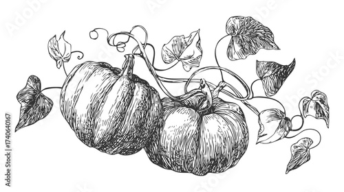 A detailed sketch of a pumpkin with leaves and tendrils