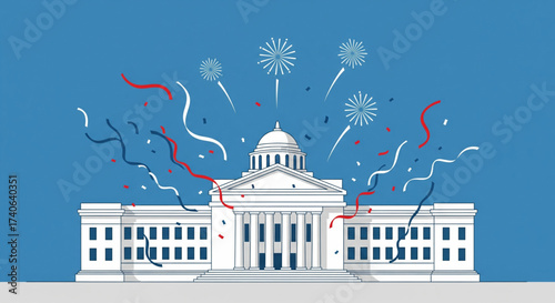 Illustration of a government building celebrating with fireworks and celebratory streamers.
