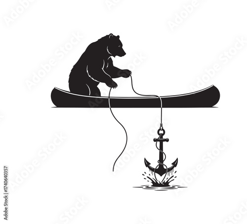 Bear in a canoe dropping an anchor, black and white vector silhouette illustration.