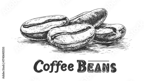 Sketched illustration of coffee beans with the text 'Coffee Beans' below on white background