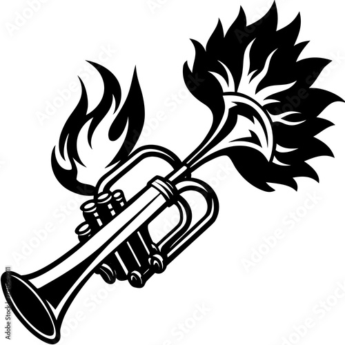 Dynamic trumpet engulfed in flames, a symbol of passionate musical expression