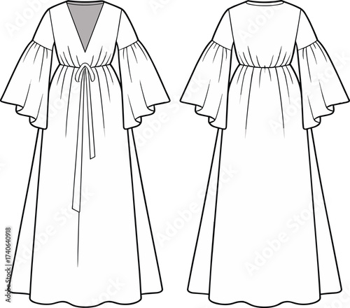 Flat vector technical drawing of women’s bohemian maxi dress with flared sleeves, v-neck, tie waist, front and back views, outline illustration