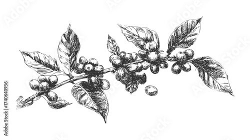 A detailed sketch of a coffee branch with leaves and coffee berries