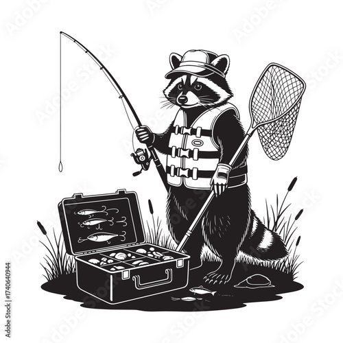 Cartoon raccoon fisherman with a life vest, rod, net, and tackle box, detailed black and white vector illustration.