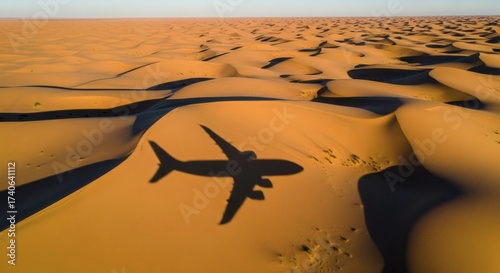 Drone capture of airplane shadow over desert dunes