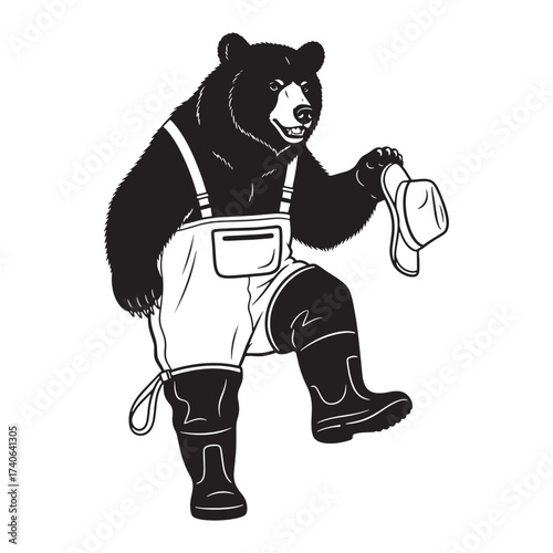 Friendly cartoon bear in fishing waders and boots tipping his hat, black and white vector illustration.