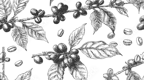 A detailed illustration of coffee branches with ripe coffee cherries and leaves, showcasing a botanical style