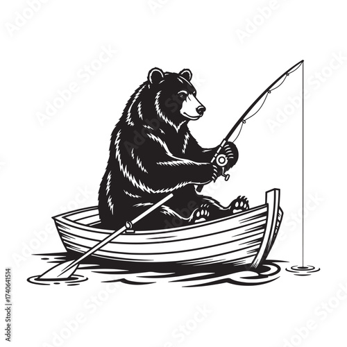 Vintage illustration of a bear fishing with a rod in a wooden rowboat, black and white vector graphic.