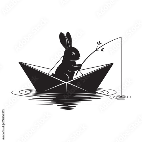 Cute rabbit silhouette fishing from a paper boat, whimsical black and white vector illustration.
