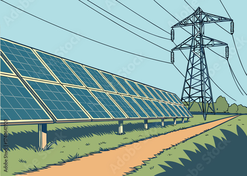 Solar Power and Sustainability: A landscape showcases the innovative fusion of renewable energy technology with nature, highlighting the efficiency of solar panels.