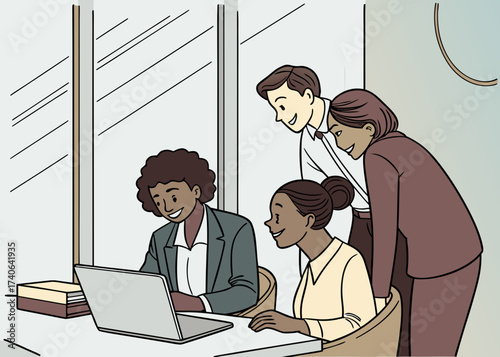 Teamwork on the Computer: An illustration that showcases collaborative teamwork, with diverse colleagues gathered closely together, studying the display of the laptop in focused collaboration.