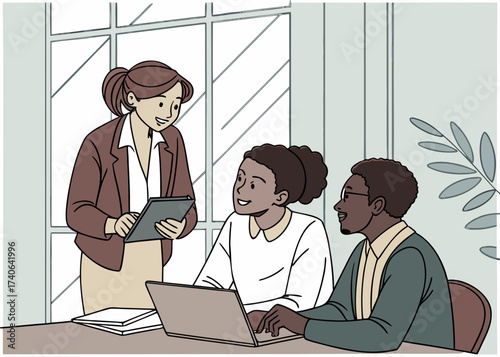 Collaboration and Discussion in a Business Office: Two professionals engage in a focused discussion with another colleague, as they plan for project goals, work through problem-solving.