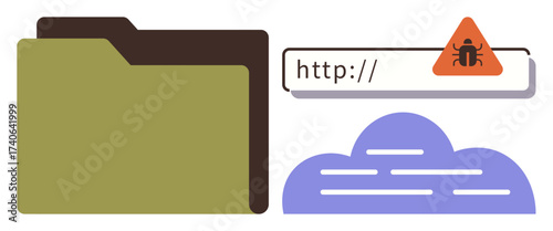 Folder, caution symbol with a bug on URL bar, and cloud icon suggest cybersecurity, malware, phishing, online threats, data protection, preventive measures, system safety in a simple flat metaphor