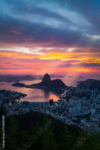 Vibrant Sunrise over Sugarloaf Mountain in Rio de Janeiro, seen from Dona Marta