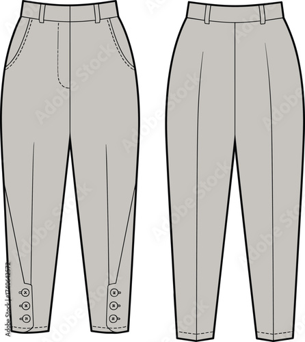 Front and back flat sketch of tailored trousers with button hem, fashion CAD illustration for womenswear technical garment design