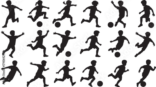 High-Quality Vector Silhouettes Collection of Diverse Kids Playing Soccer and Football Dynamic Set Featuring Young Boys and Girls in Action, Kicking, and Dribbling Poses