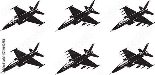 Military Jet Fighter Aircraft Silhouettes Vector Set in Black and White Modern Combat Plane Collection Featuring Detailed Missile and Cockpit Graphics