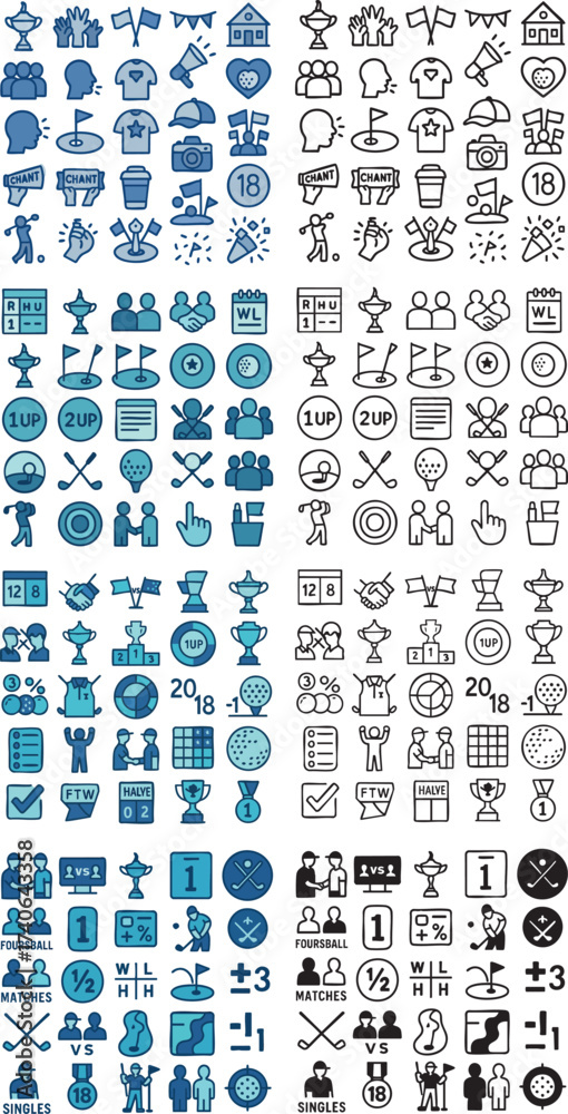 Fototapeta premium Comprehensive collection of sports and recreation themed icons in various styles.