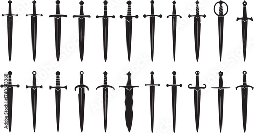 High-Quality Vector Silhouettes Collection of Medieval Fantasy Swords and Daggers Diverse Set Featuring Classic European Longswords, Broadswords, and Legendary Blades