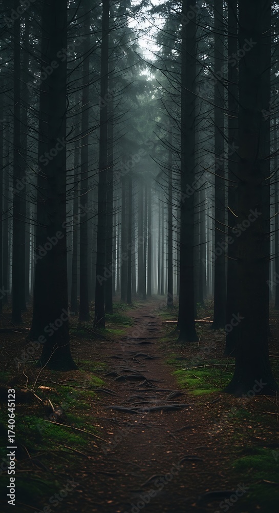 Obraz premium Mysterious Forest Path in Fog.