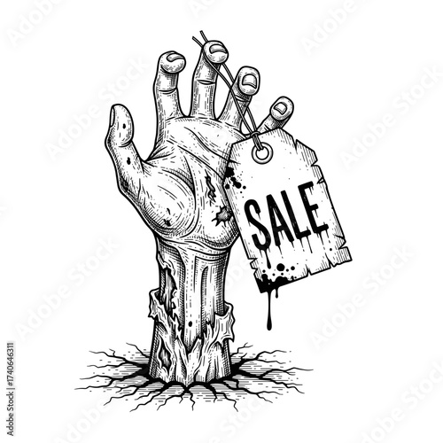 Zombie hand rising from the ground with price tag SALE, engraving sketch hand-drawn style, black and white vector illustration
