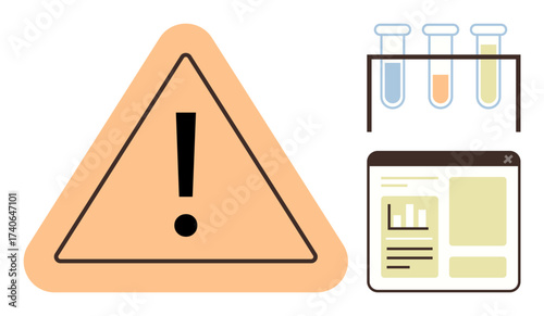 Warning sign alongside test tubes and data interface signifies caution in scientific analysis. Ideal for science, risks, safety, alerts, data, experiments, monitoring. Simple flat metaphor