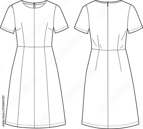 Flat vector illustration of women's short sleeve A-line dress with waist seam, technical fashion CAD drawing, front and back views