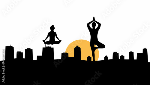 new york city skyline and people doing yoga