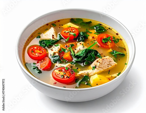 Warm Bowl of Chicken Soup with Spinach and Tomatoes