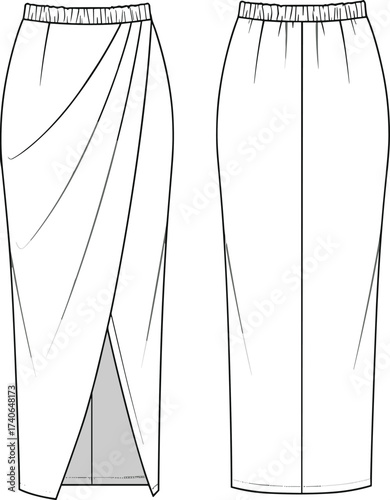 Flat vector illustration of women's draped wrap pencil skirt with elastic waistband, technical fashion CAD drawing, front and back views