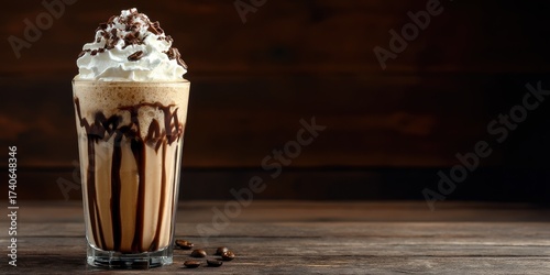A tall, clear glass filled with a decadent chocolate milkshake is presented against a dark, wooden surface. The milkshake features rich chocolate drizzle cascading down the sides, 