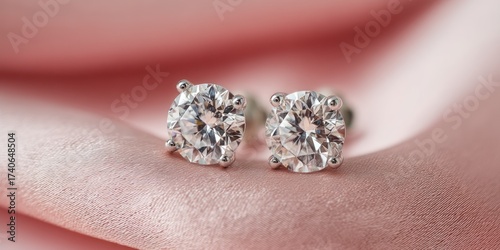 A pair of brilliant-cut diamond stud earrings rests delicately on a woman's hand. The earrings are positioned prominently in the foreground, catching the light and showcasing their sparkle. 