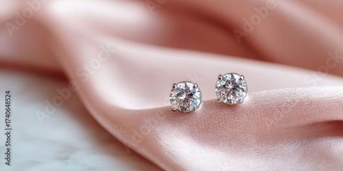 Two sparkling stud earrings rest delicately on a soft, blush-pink silk fabric. The earrings feature round, brilliant-cut diamonds that catch the light and reflect a dazzling sparkle. 