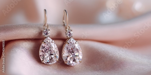 A pair of sparkling gold drop earrings rests delicately on a soft, blush-colored silk fabric. The earrings feature large, pear-shaped cubic zirconia stones that catch the light, 