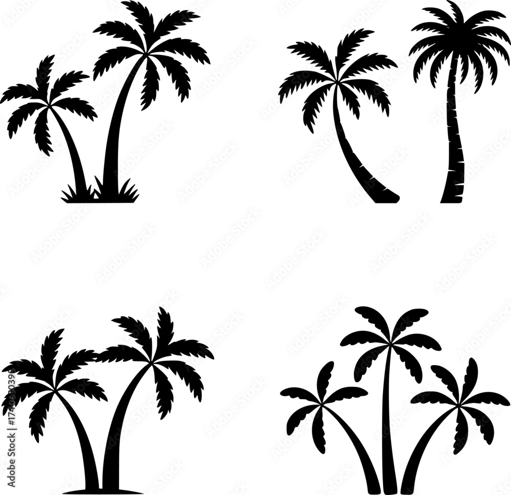 Fototapeta premium Collection of Black Silhouette Palm Trees on White Background