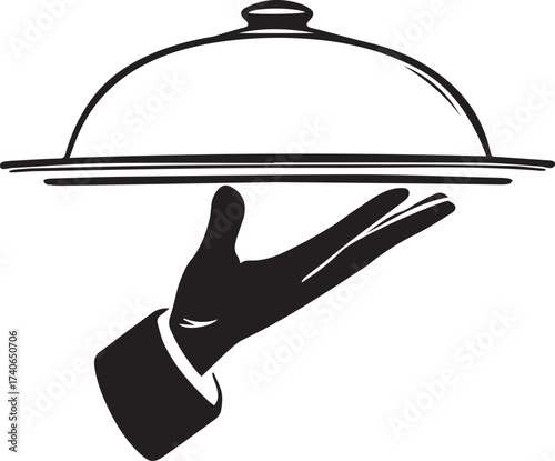 Hand holding serving tray with domed lid vector illustration in black and white for hospitality, fine dining and professional food service themes