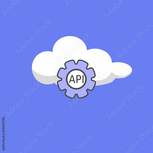 cloud with an API gear icon, symbolizing cloud computing, software integration, and data connection.