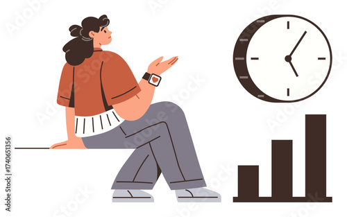 A seated woman gestures thoughtfully next to a clock and a rising bar chart. Ideal for productivity, time management, planning, decision-making, self-reflection, goal setting, and growth insights