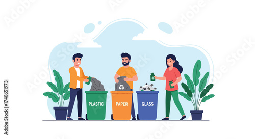Adobe illustrator artwork vector illustration: People sorting waste into recycling bins for plastic, paper, and glass, promoting environmental conservation and sustainability