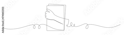 continuous line art of a hand carrying a sheet of paper or a book. textbook concept. worksheet concept. vector illustration