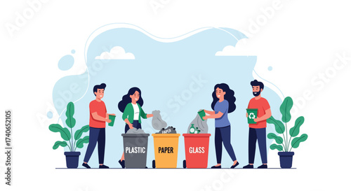 Adobe illustrator artwork vector illustration: People sorting waste into recycling bins for plastic, paper, and glass, promoting environmental conservation and sustainability