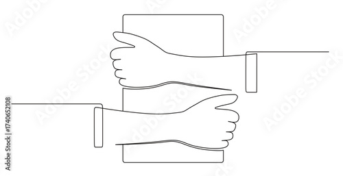 continuous line art of a hand holding a sheet of paper or book. textbook concept. worksheet concept. vector illustration