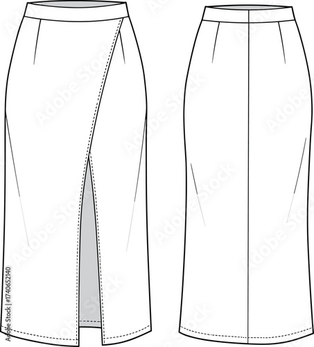 Flat vector illustration of women's midi pencil skirt with front slit detail, technical fashion CAD drawing, front and back views