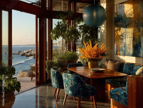 Modern Maximalist Hampton Beach House Dining Room with Earth Tone Luxury Interior