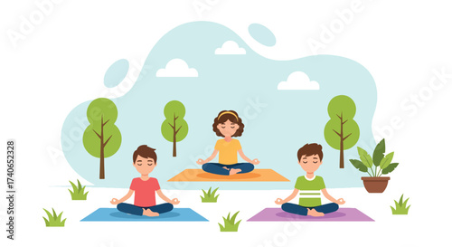 Adobe illustrator artwork vector illustration: Calm children meditating in lotus pose outdoors, promoting mindfulness, peace, and mental well-being for young individuals
