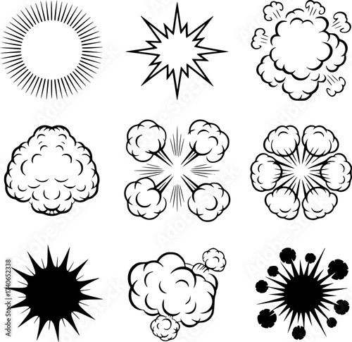 Collection of Comic Book Style Explosion and Smoke Cloud Graphics