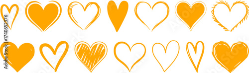 Collection of Hand-Drawn Yellow Hearts on White Background