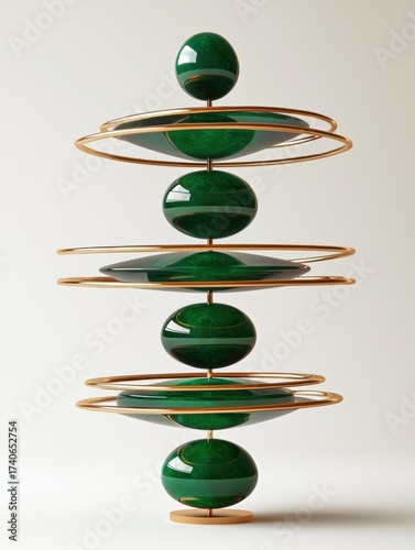 Green spheres and flat disks are stacked, separated by gold rings and rods. The arrangement is symmetrical. AI.